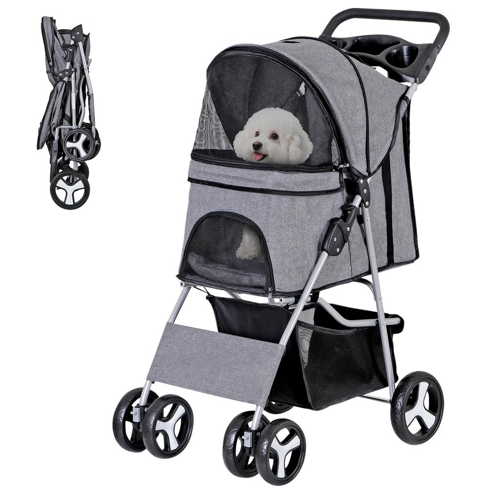 Pet Stroller Carrier - 반려동물 유모차, 4륜 고양이/강아지 유모차, 수납