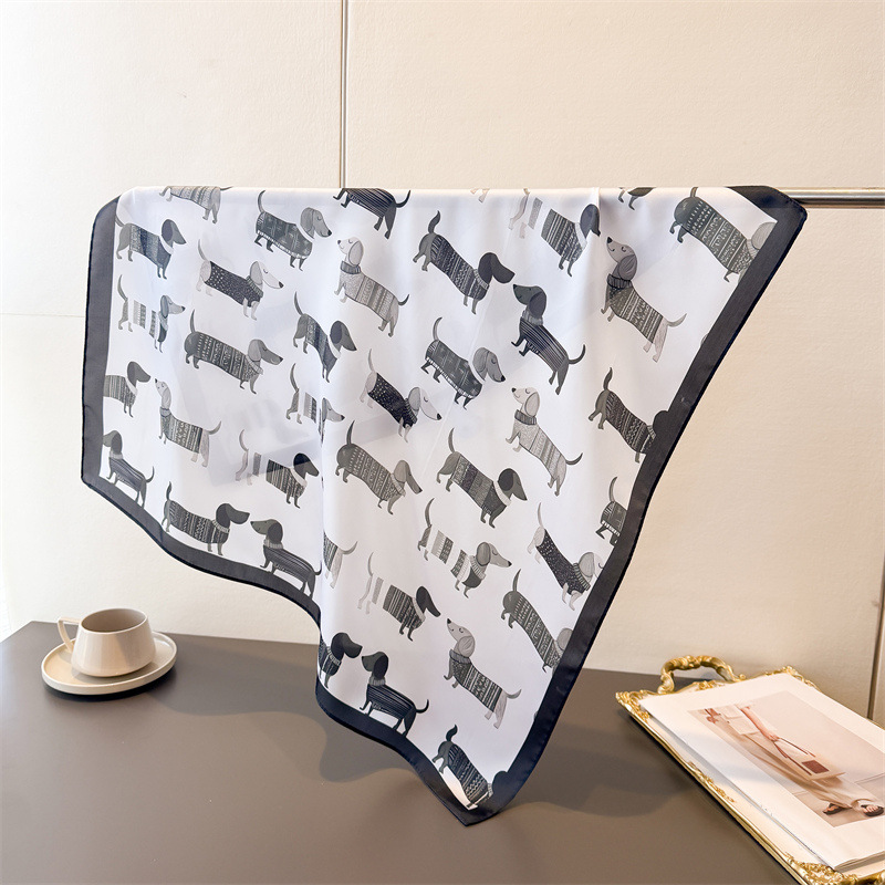 Dog Bandana Scarf - 여성용 코튼 도그 프린트 스퀘어 스카프,
